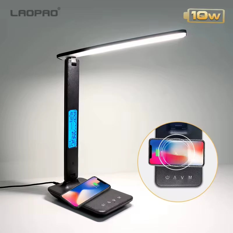 LAOPAO 10W QI Wireless Charging LED Desk Lamp USB Charging Port Sliding Dimmable Auto Timer with Night Light Table Lamp