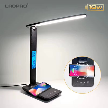 LAOPAO 10W QI Wireless Charging LED Desk Lamp USB Charging Port Sliding Dimmable Auto Timer with Night Light Table Lamp